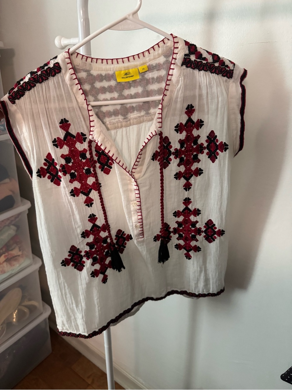 Roller Rabbit embroidered tunic top with red and black geometric threadwork